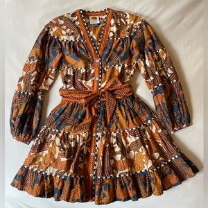 FARM Rio Long Sleeve Print Mini Dress with sash, XXS